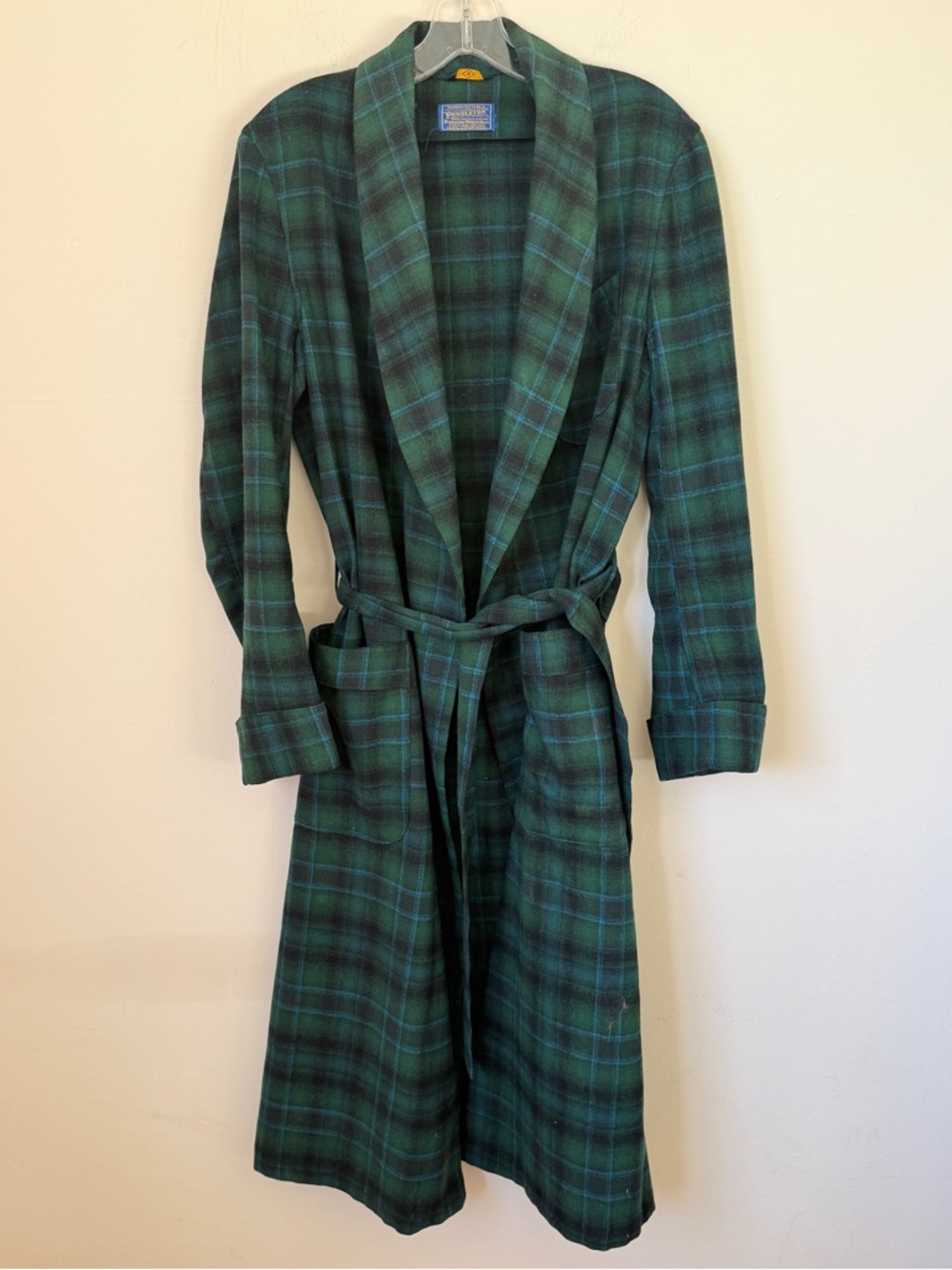 Pendleton Vintage 100% Virgin Wool Green Blue Plaid Robe Duster Small